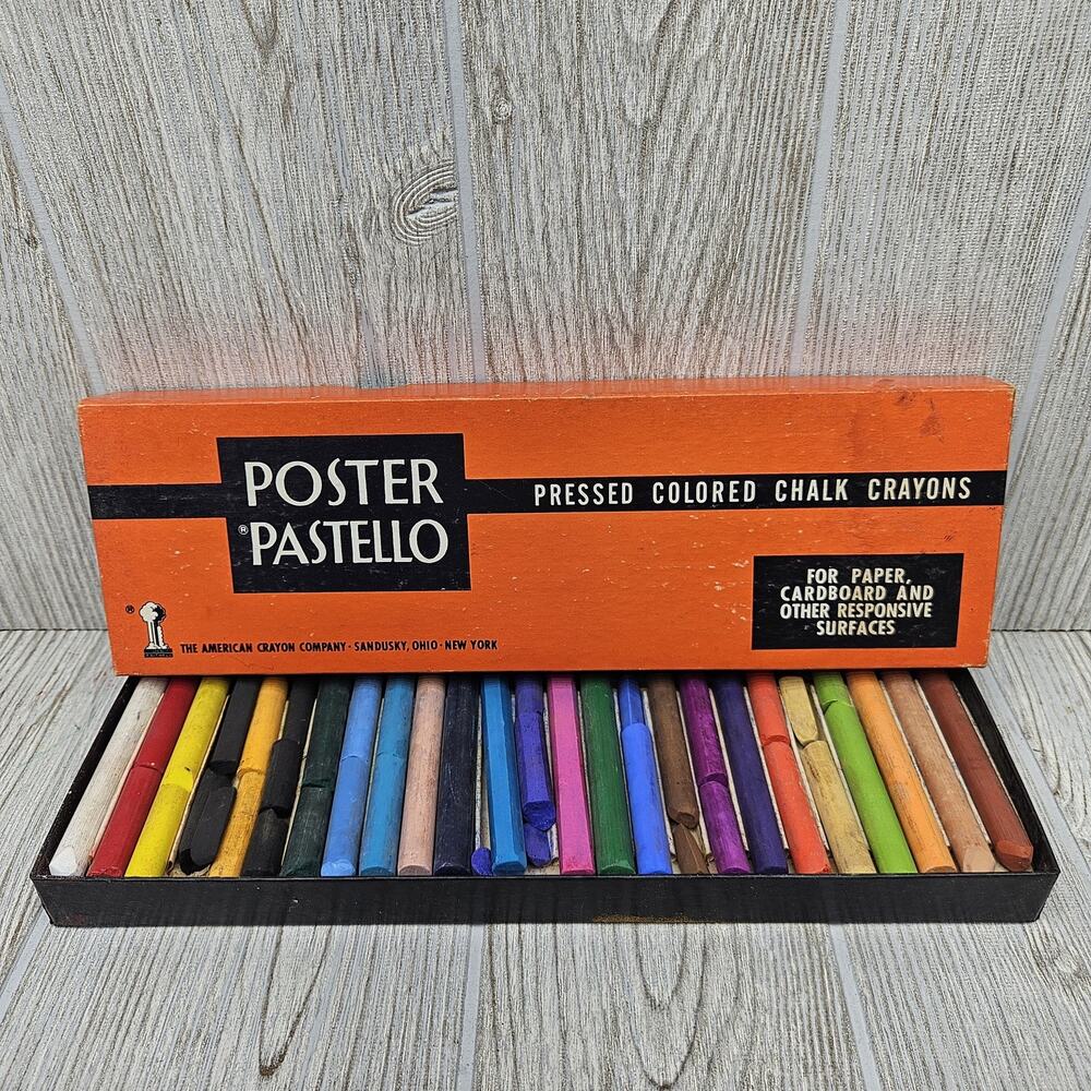 Vintage Poster Pastello Pressed Colored Chalk‎ Crayons 24 Colors Box USA Art Set